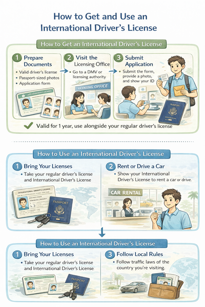 국제면허증 발급 방법과 사용 절차를 설명하는 안내 이미지