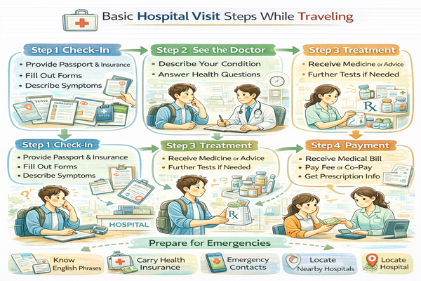 여행 중 병원 이용 시 기본 절차를 설명하는 안내 이미지