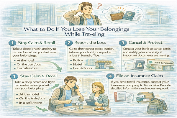여행 중 분실 사고 발생 시 대처 방법을 설명하는 안내 이미지