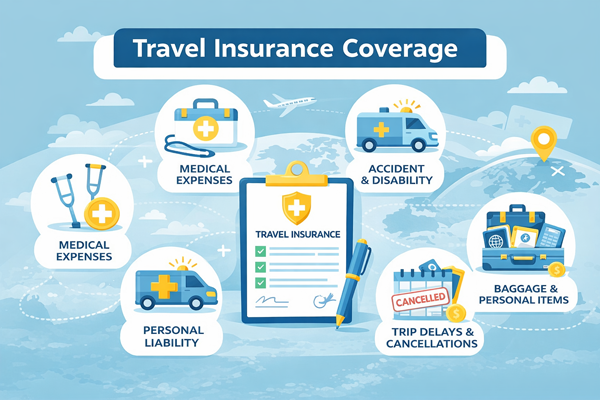 여행자 보험 기본 보장 항목을 설명하는 안내 이미지