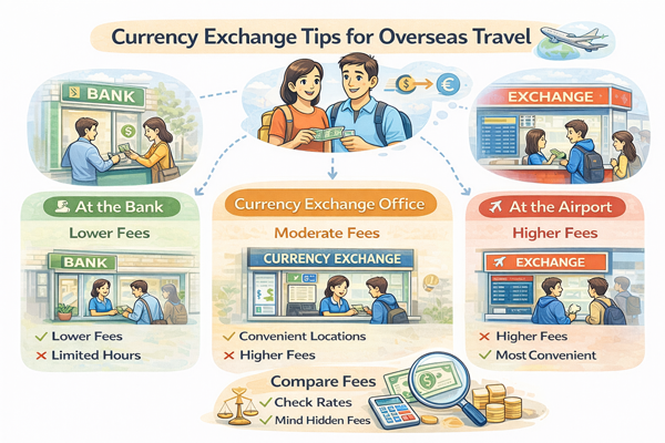 해외여행 환전 방법과 수수료 차이를 설명하는 안내 이미지
