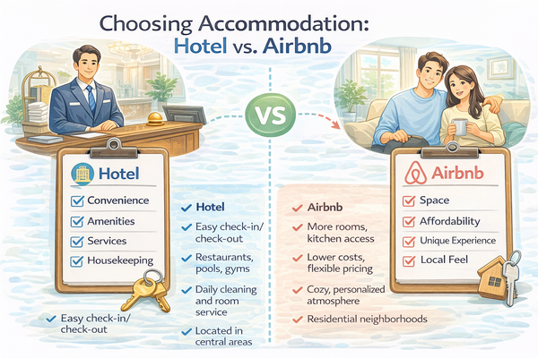 호텔과 에어비앤비 선택 기준을 비교 설명하는 여행 숙소 안내 이미지